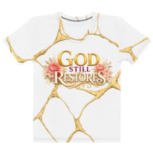 Woman wearing Powerful God Still Restores Christian T-shirt