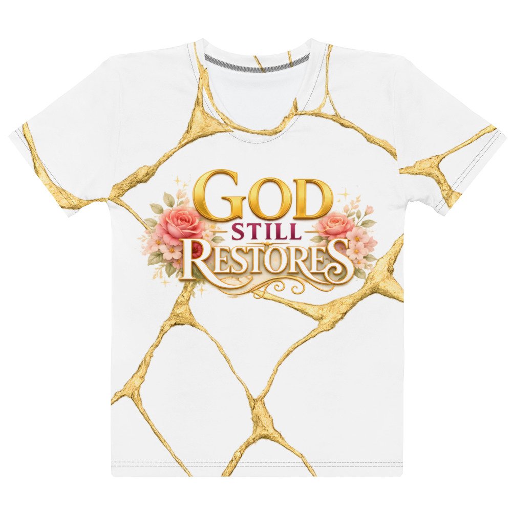 Powerful God Still Restores Christian Shirt Woman wearing Powerful God Still Restores Christian T-shirt
