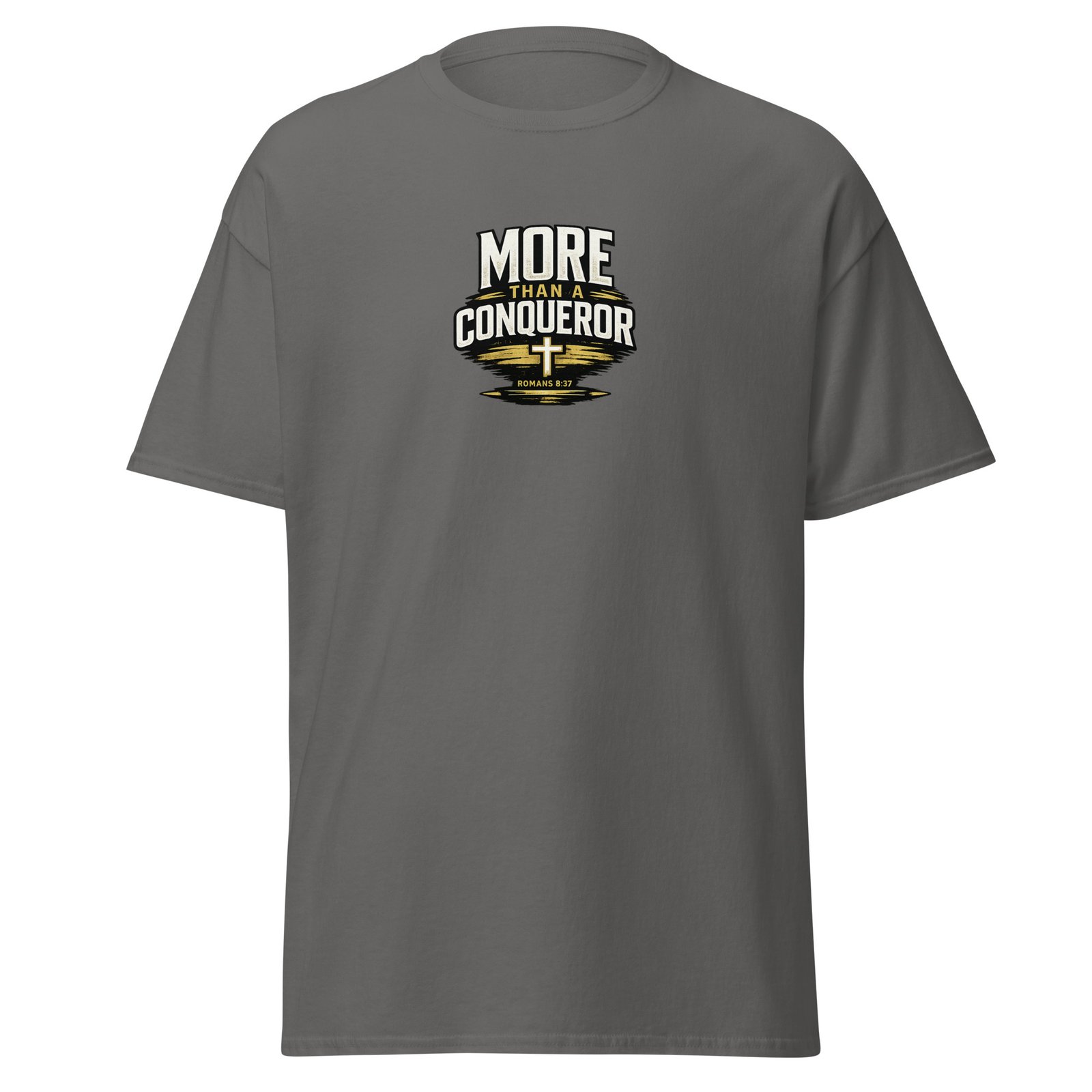 Powerful More Than a Conqueror™ Premium Faith Tee Powerful More Than a Conqueror™ Premium Faith Tee featuring Romans 8:37 Christian design