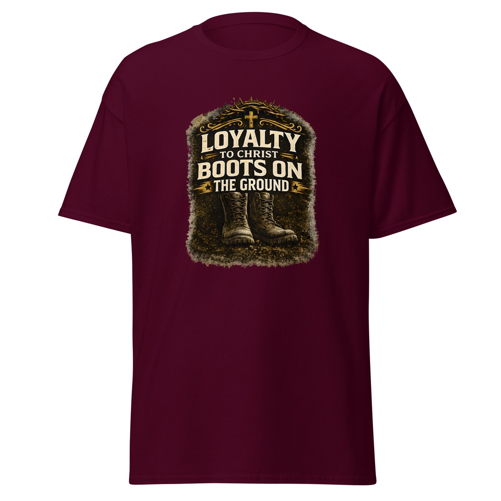 Powerful Loyalty to Christ Christian Tee Powerful Loyalty to Christ Boots on the Ground Premium Christian T-shirt for bold biblical faith