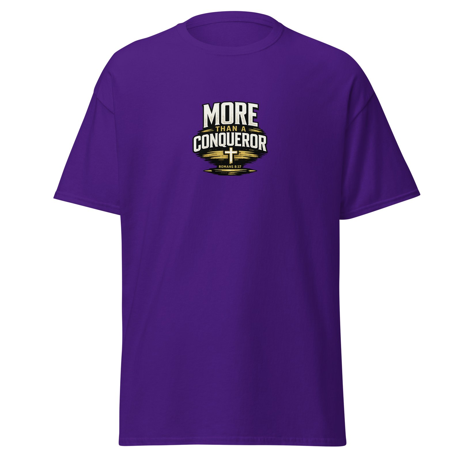 Powerful More Than a Conqueror™ Premium Faith Tee Powerful More Than a Conqueror™ Premium Faith Tee featuring Romans 8:37 Christian design