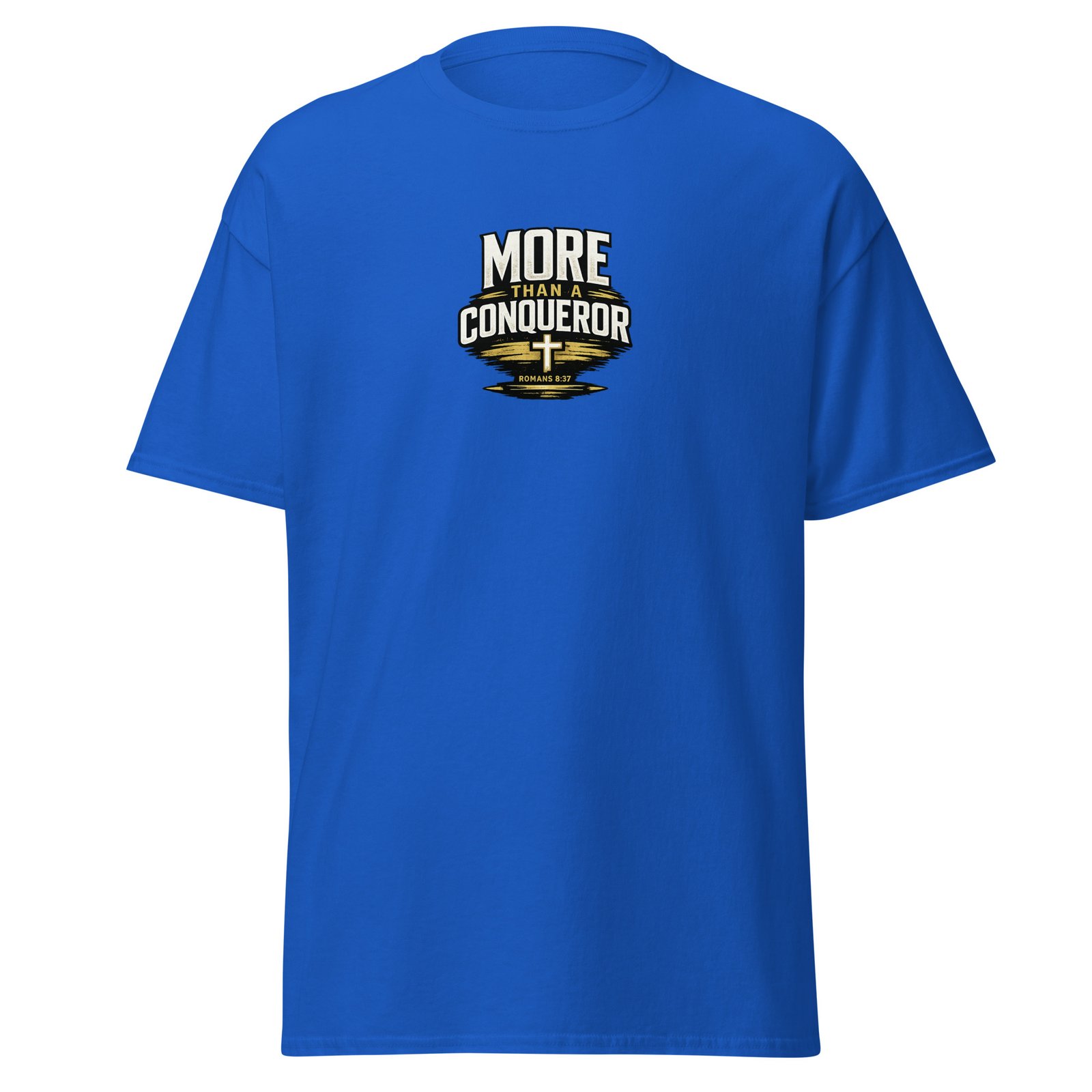Powerful More Than a Conqueror™ Premium Faith Tee Powerful More Than a Conqueror™ Premium Faith Tee featuring Romans 8:37 Christian design