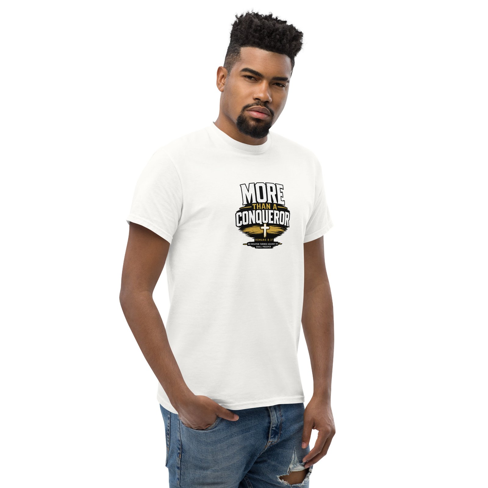 Powerful More Than a Conqueror™ Premium Faith Tee Powerful More Than a Conqueror™ Premium Faith Tee featuring Romans 8:37 Christian design