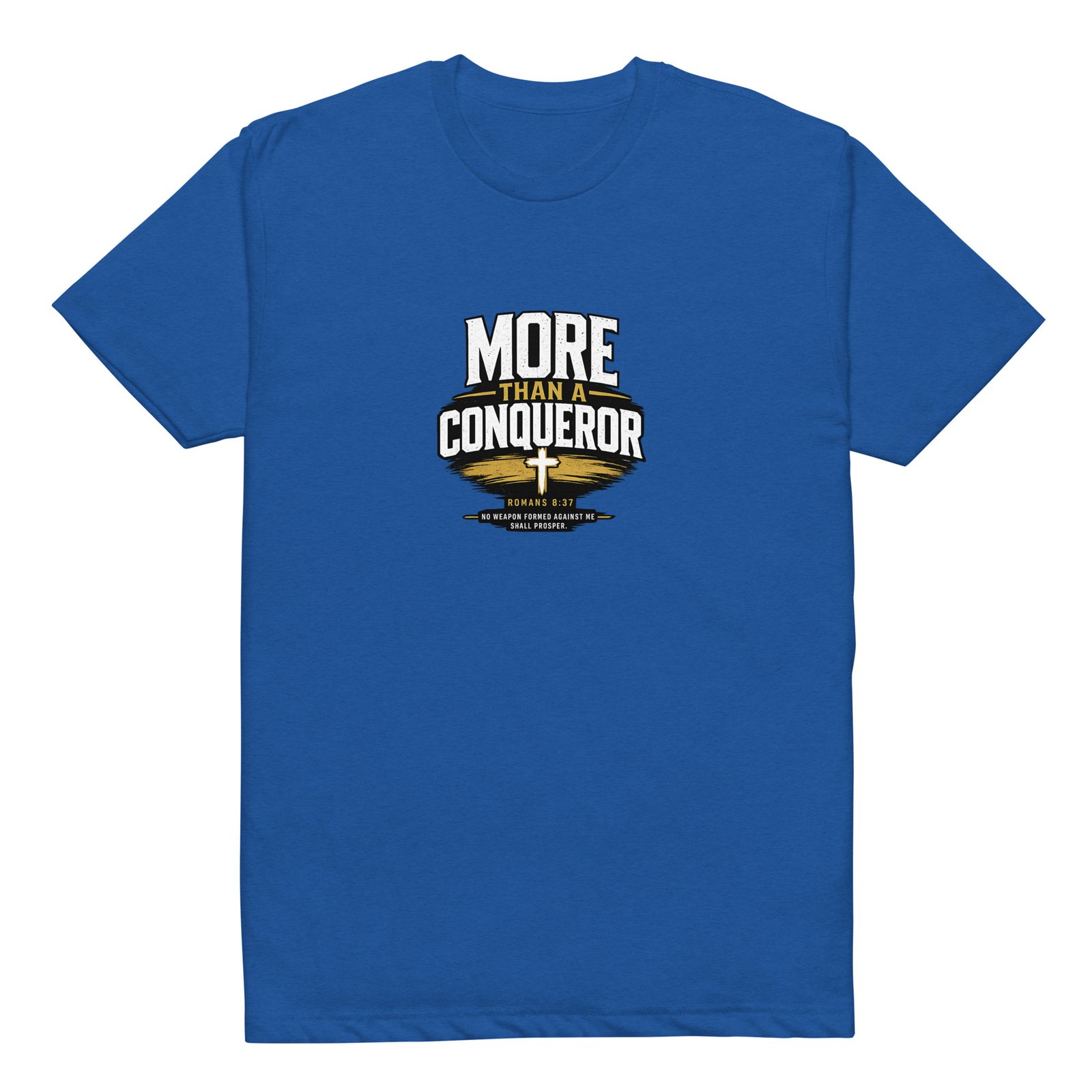 Powerful More Than a Conqueror™ Premium Faith Tee Powerful More Than a Conqueror™ Premium Faith Tee featuring Romans 8:37 Christian design