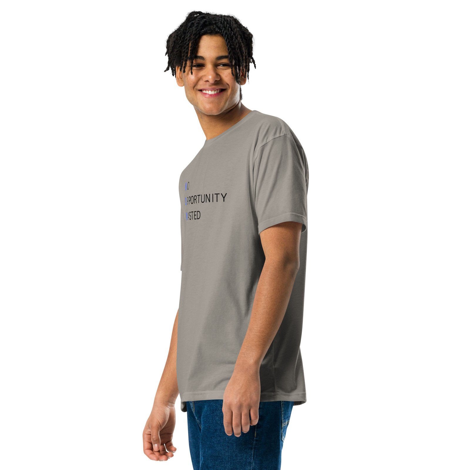 now™ blue | no opportunity wasted — premium front tee now™ blue | no opportunity wasted — premium front tee