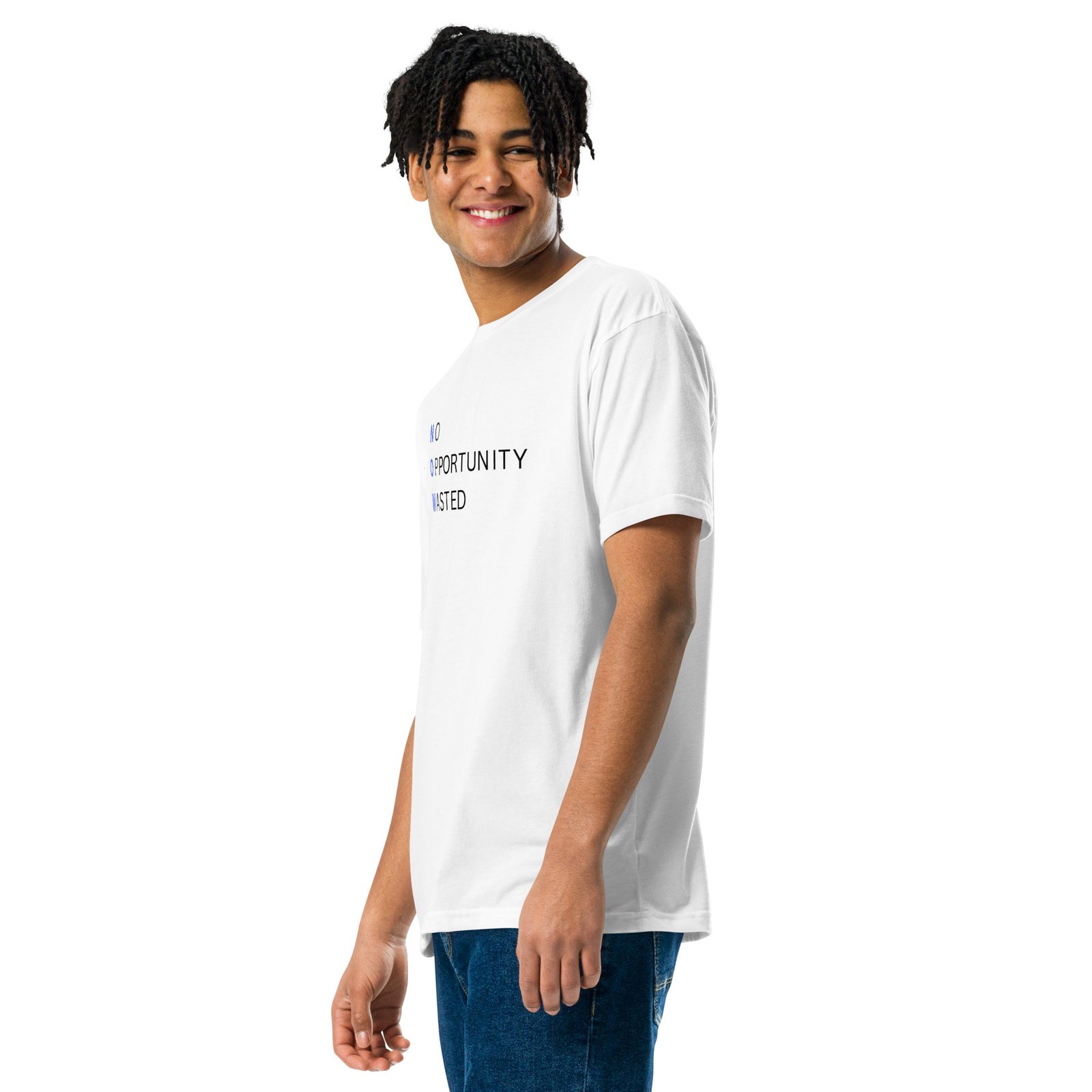 now™ blue | no opportunity wasted — premium front tee now™ blue | no opportunity wasted — premium front tee