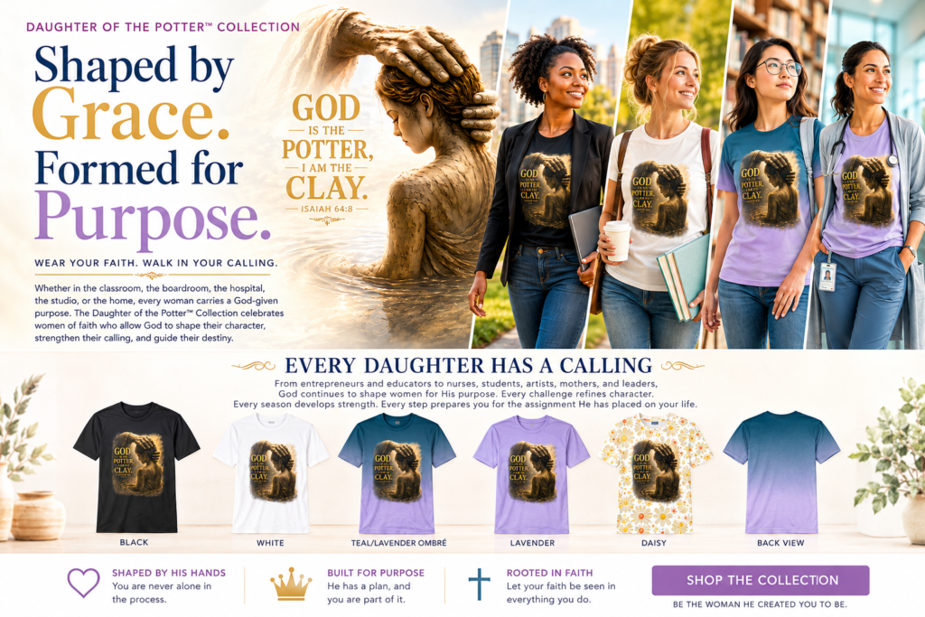 Daughter of the Potter Collection Christian women's t-shirts inspired by Isaiah 64:8 and God's purpose.