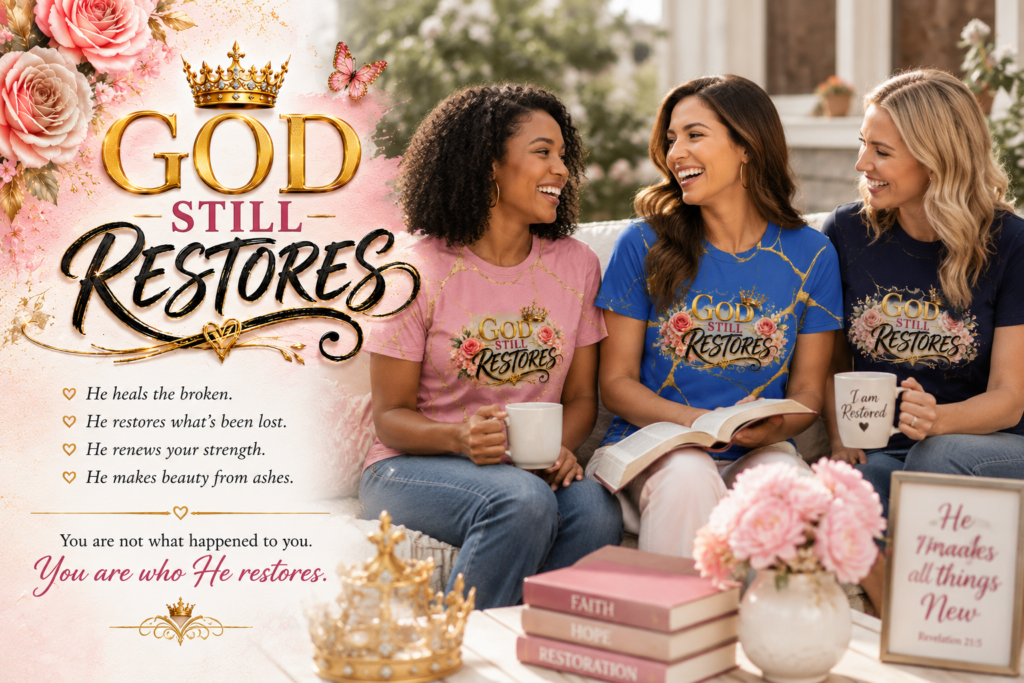 God Still Restores Collection Christian women's t-shirts celebrating hope, healing, and restoration through faith.