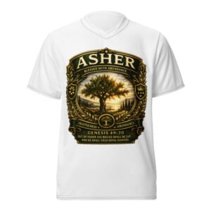 Powerful Asher™ Premium Sports Jersey featuring biblical olive tree artwork from the Twelve Tribes™ Collection by Shop Kingdom Built™