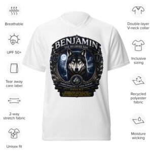 Powerful Benjamin™ Premium Sports Jersey featuring biblical wolf artwork from the Twelve Tribes™ Collection by Shop Kingdom Built™