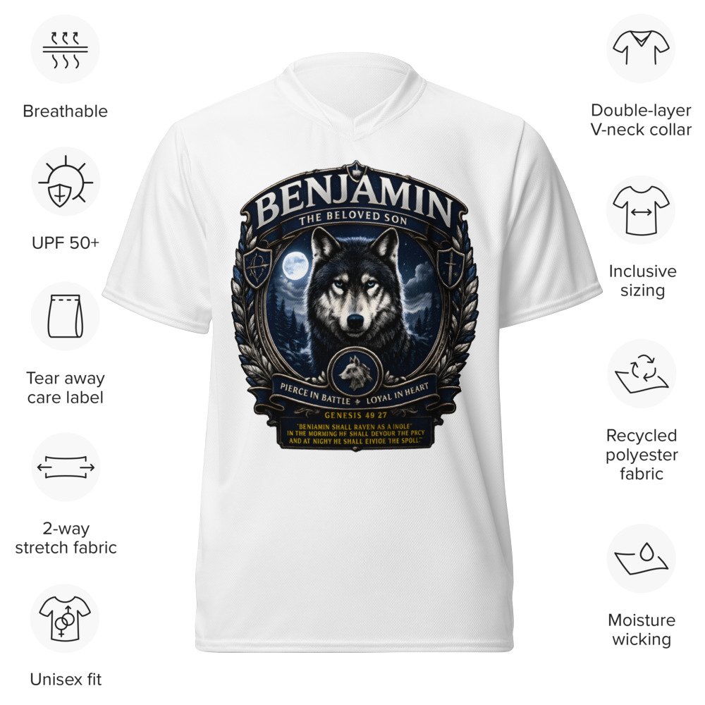 Powerful Benjamin™ Premium Sports Jersey | Twelve Tribes™ Collection Powerful Benjamin™ Premium Sports Jersey featuring biblical wolf artwork from the Twelve Tribes™ Collection by Shop Kingdom Built™