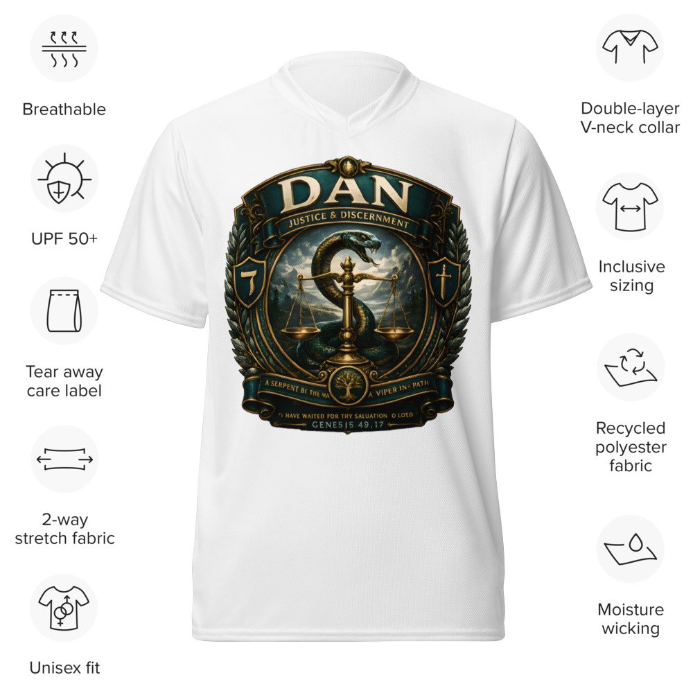 Powerful Dan™ Premium Sports Jersey | Twelve Tribes™ Collection Powerful Dan™ Premium Sports Jersey featuring biblical serpent artwork from the Twelve Tribes™ Collection by Shop Kingdom Built™