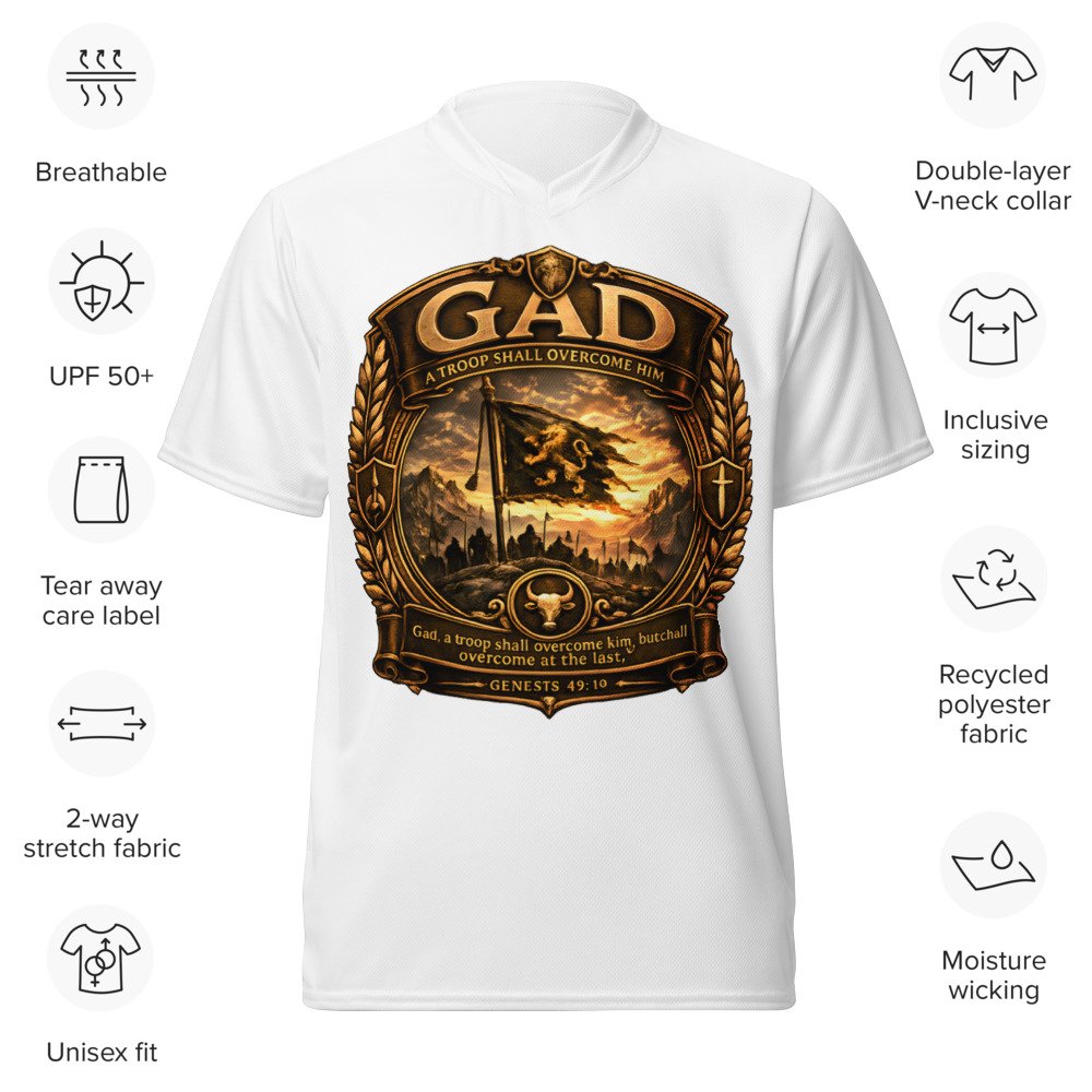 Powerful Gad™ Premium Sports Jersey – Tribe of Gad Artwork Powerful Gad™ Premium Sports Jersey featuring biblical warrior artwork inspired by Genesis 49:19 and the Tribe of Gad