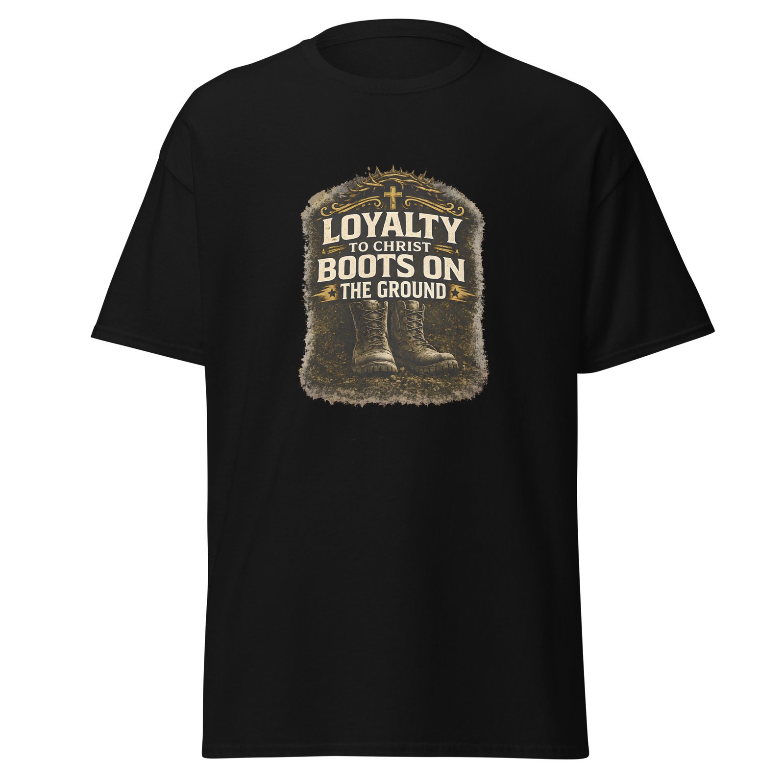 Powerful Loyalty to Christ Christian Tee Powerful Loyalty to Christ Boots on the Ground Premium Christian T-shirt for bold biblical faith