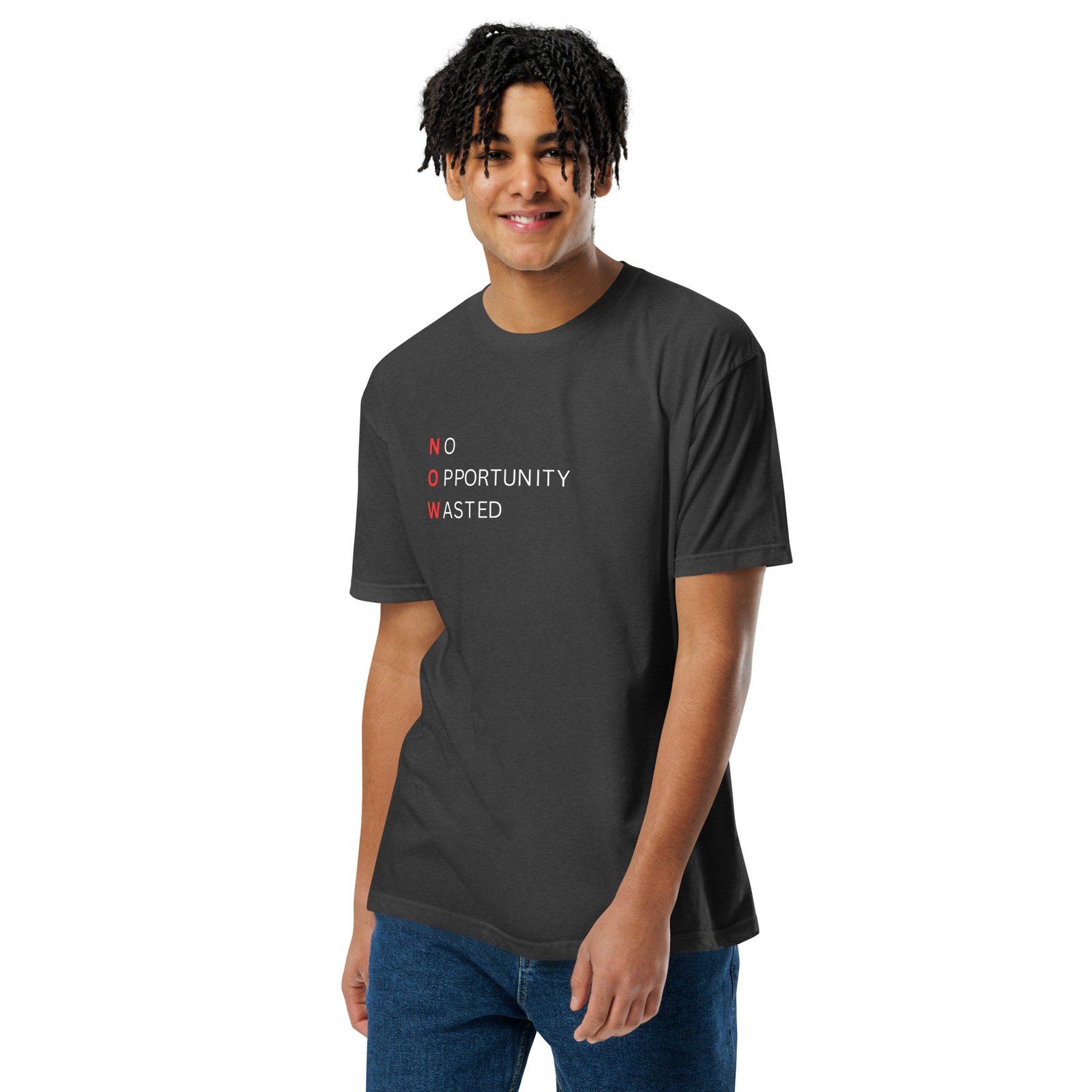now™ red black | no opportunity wasted — premium front tee now™ red black | no opportunity wasted — premium front tee