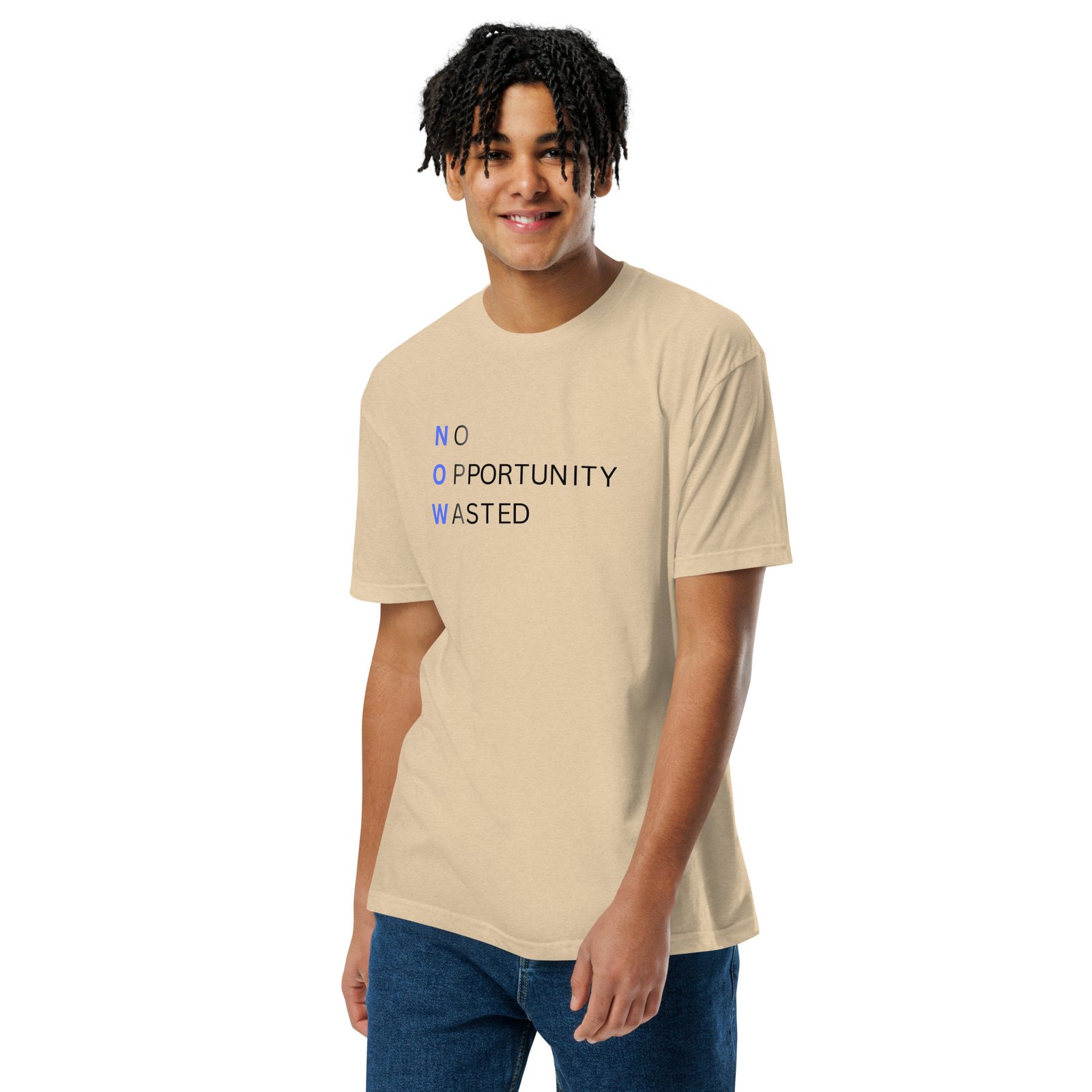 now™ blue | no opportunity wasted — premium front tee now™ blue | no opportunity wasted — premium front tee