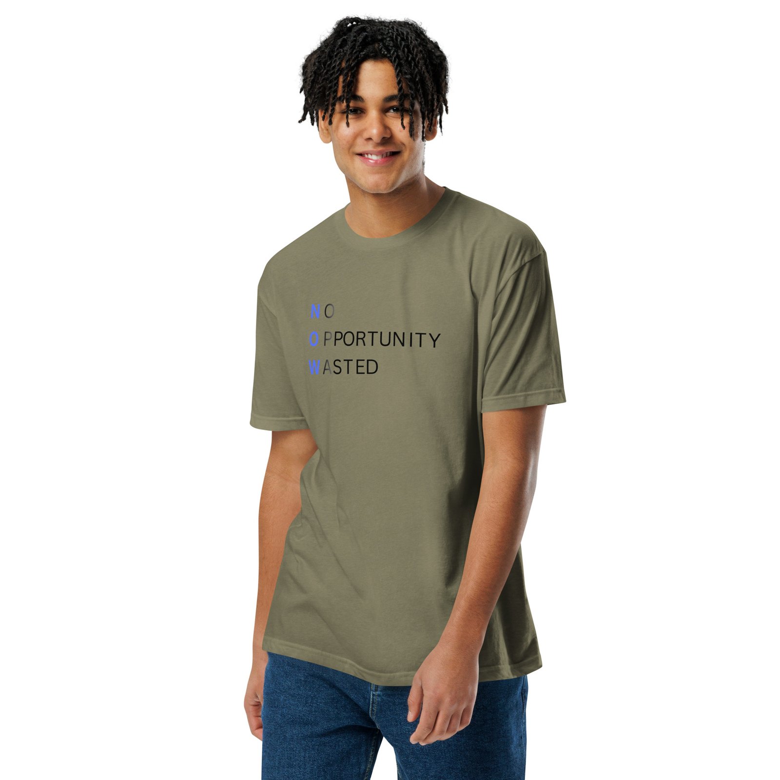 now™ blue | no opportunity wasted — premium front tee now™ blue | no opportunity wasted — premium front tee