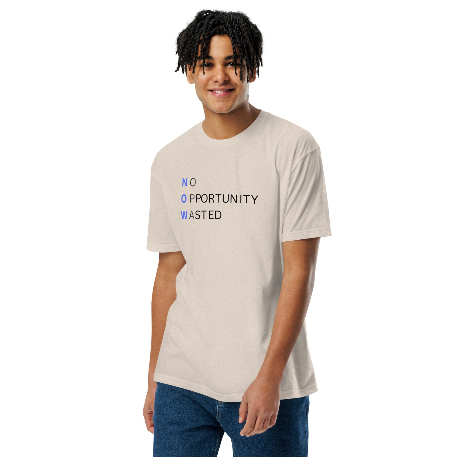 now™ blue | no opportunity wasted — premium front tee now™ blue | no opportunity wasted — premium front tee